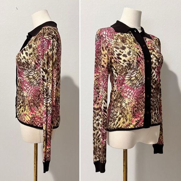 Exetera Abstract Print Mesh Shirt Cardigan Sz 1/US S Retro Y2K Twee Office-Siren - Picture 2 of 11